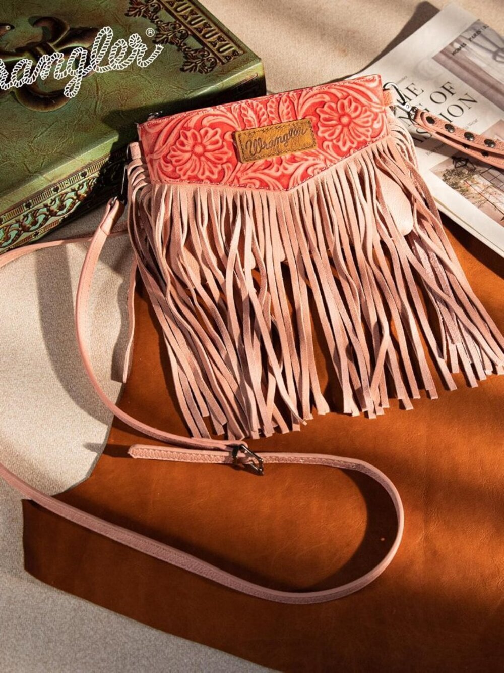 Women's Angel Peach Wrangler Small Purse Imported Wristlet Fringe Crossbody Bag - Picture 2 of 6
